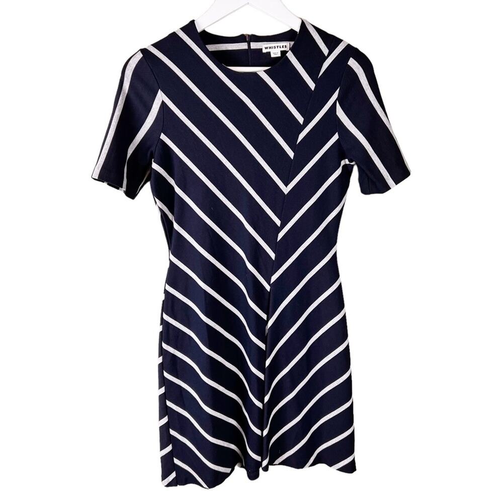 WHISTLES Navy White Stripe Sheath Dress Short Sleeve Knee Length Size US 8